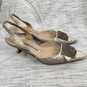 Manolo Blahnik Metallic Snakeskin Slingback Point Toe Embellished Kitten Heel 6